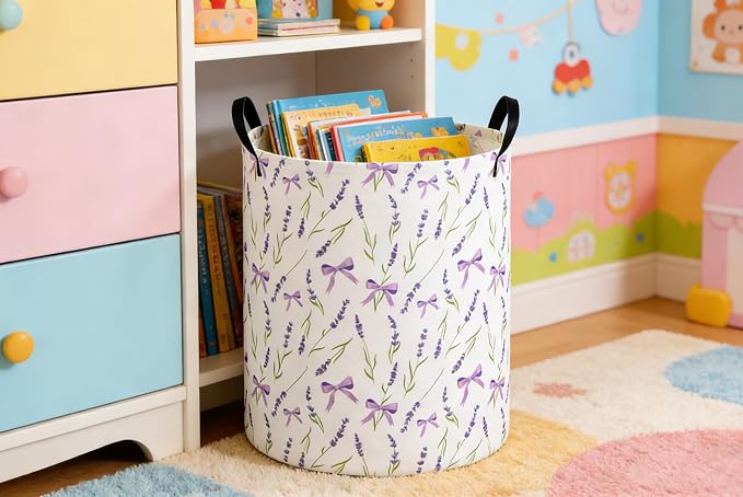 Kids Laundry Basket Flower Hamper for Nursery Girls Hamper Cute Kids Storage Bin Organizer Room Decor for Home(Purple flowers) - Image 6