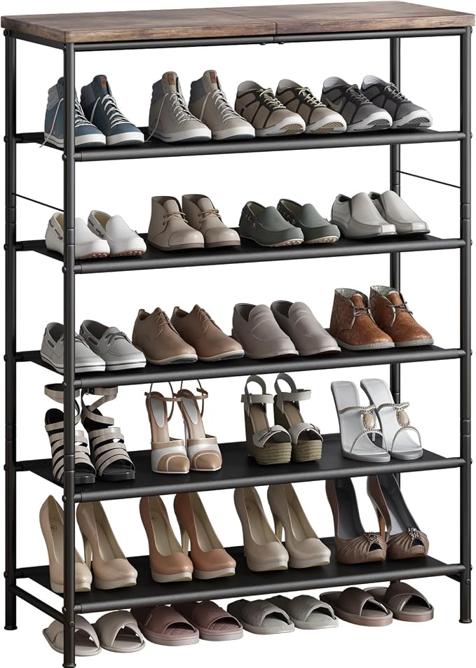 INGIORDAR Shoe Rack Organizer 6 Tier Metal Organizer Shelf with Industrial MDF Board and Layer Fabric for Entryway Closet Bedroom Living Room Garage,Black & Rustic Brown (Black+Rustic Brown, 6 Tier) by INGIORDAR