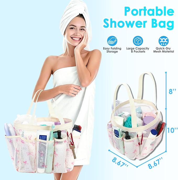 Fammart Mesh Shower Caddy Portable for College Dorm Room Essentials, 8-Pocket Large Shower Basket Tote Bag with 2 Handles for Toiletry, Bathroom, Beach, Camp, Gym - Image 2