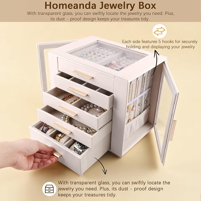 Homeanda Jewelry Box for Women with Glass Lid, 5 Drawers Jewelry Organizer and Storage for Necklaces, Rings, Earrings, Bracelets, Gift for Girls and Teens,PU Leather (Beige) - Image 6