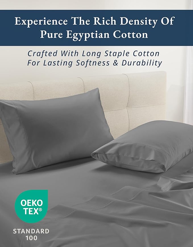 LANE LINEN 100% Egyptian Cotton Luxury Bedding Queen Sheet Set, Fade Resistant, No Pill, Naturally Cooling, Soft & Comfy Silky Smotth Sateen Weave Sheets - Charcoal Gray