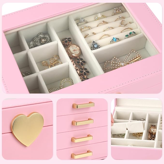 Kendal Jewelry Box, 5-Layer Jewelry Organizer Box with Glass Lid, Pink, Heart Shaped PU Leather, Storage Box for Necklace Earrings Rings Bracelets, Gift Idea for Girls LJC4DRPK - Image 4