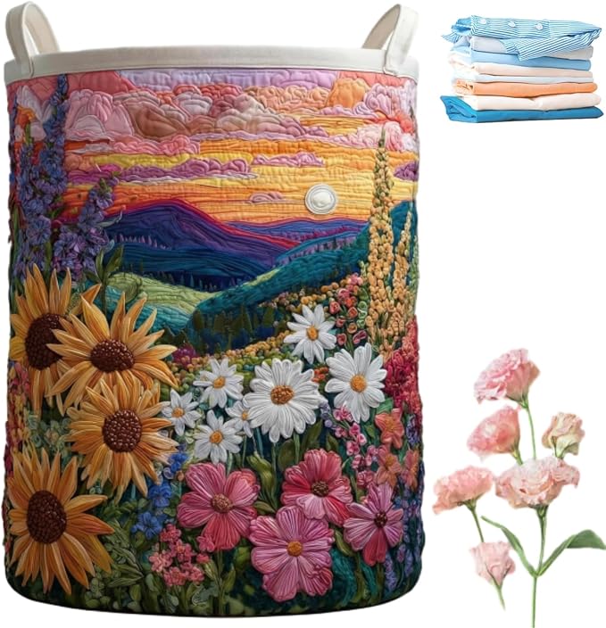 Aiorrax Quilted Laundry Basket with Handles, Boho Floral Fabric Storage Hamper, Large Soft Quilted Laundry Basket for Nursery, Bedroom, Laundry Room,Clothes & Toys (K, L) by qusanii