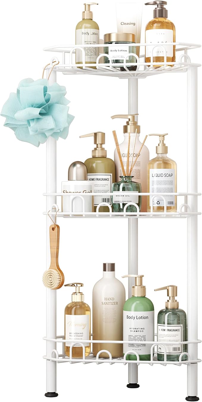 SWTYMIKI Standing Shower Caddy Corner - 3‑Tier Stainless Steel Shower Organizer Shelf with 12 Hooks and Adhesive Pads, Rustproof Corner Shelves Stand Rack for Bathroom Shower Room, white - Image 8
