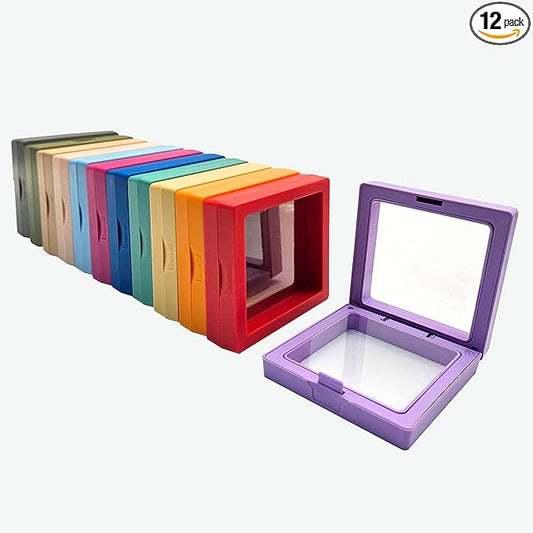 12PCS 3D Floating Frame Display Stand, Jewelry Box, Gift Box, Ornament Organizer, Small Travel Jewelry Box, PE Film Anti-Oxidation, Suspended Display Box Stackable (Multicolour, 2.75 * 2.75) by Unknown