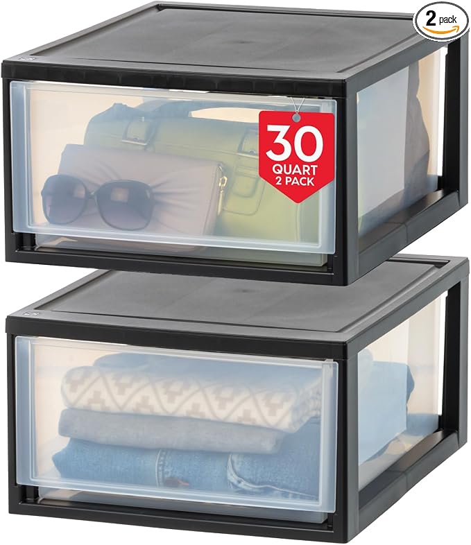 IRIS USA 30 Qt. Plastic Drawer Storage Organizer Stacking Drawers, 2-Pack, Stackable Unit with Sliding Drawer for Clothes Bedroom Kitchen Under Sink Pantry Craft Room Bathroom Dorm Office, Black by IRISUSA