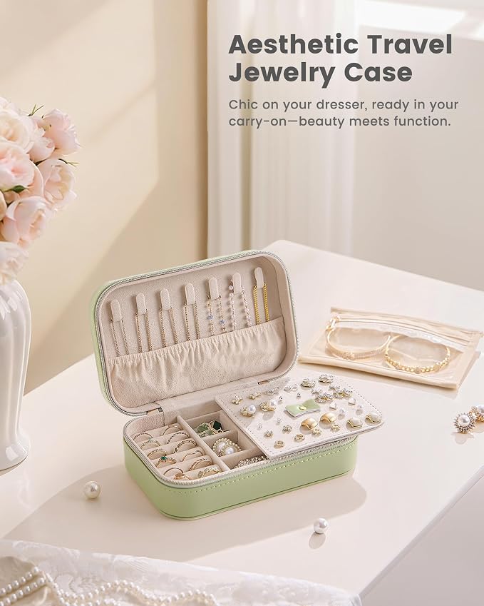 Lolalet Travel Jewelry Case for Women Girls, PU Leather Jewelry Organizer with Clear Storage Bag Small Portable Jewelry Box for Necklace Bracelet Earring Ring Mothers Day Birthday Gifts -Medium/Green - Image 6