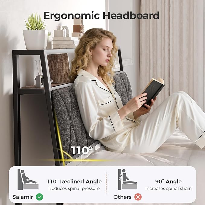 Full Headboard Only, Headboard for Full Size Bed with Storage, Upholstered Headboards with LED Lights & Charging Station, Attach Frame, Ideal for Bedroom/Dorm/Guest Room, Dark Grey & Brown