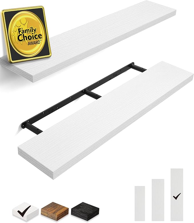BAYKA Floating Shelves, 48 inches Long Heavy Duty Wall Mounted Rustic Wood Shelves for Bathroom, Bedroom, Living Room, Kitchen, Office, Hanging Shelf for Books/Storage/Decor(White,Set of 2) by Bayka