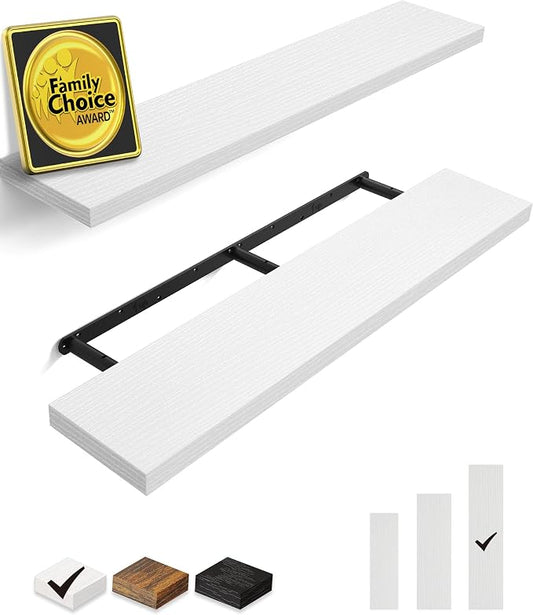 BAYKA Floating Shelves, 48 inches Long Heavy Duty Wall Mounted Rustic Wood Shelves for Bathroom, Bedroom, Living Room, Kitchen, Office, Hanging Shelf for Books/Storage/Decor(White,Set of 2) by Bayka