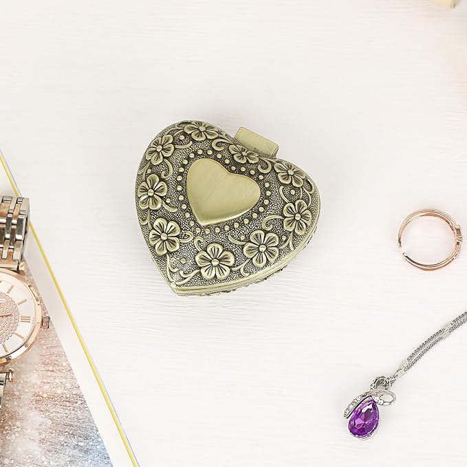 Hipiwe Vintage Heart Shape Jewelry Box - Small Antique Ring/Earrings/Necklace Storage Organizer Case, Metal Treasure Chest Trinket Keepsake Gift Box for Women,Bronze - Image 7