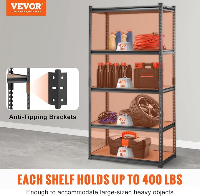 VEVOR Storage Shelving Unit, 5-Tier Adjustable, 2000 lbs Capacity, Heavy Duty Garage Shelves Metal Organizer Utility Rack, Black, 36" L x 18" W x 72" H for Kitchen Pantry Basement Bathroom Laundry - Image 4