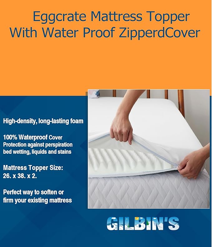 Gilbin Foam Mattress Topper, Egg Crate Hi-Density Foam Pad, Mattress Pad, and Bed Topper for Support (with Waterproof ZipperdCover, Crib Size 26x38)