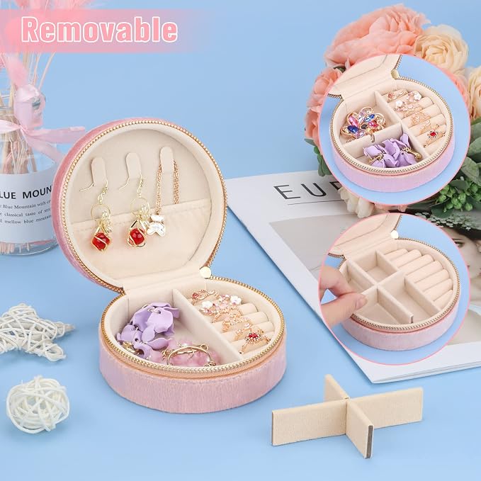 DesignSter Travel Jewelry Box - Velvet Mini Jewelry Organizer, Small Jewelry Case for Girls Women, Jewelry Storage Box for Rings Earrings Necklace (Circular, Lotus Pink) - Image 3