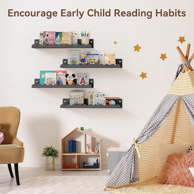 Nursery Book Shelves, 17 Inch Metal Floating Shelves for Wall 4 Pack, Scalloped Shelves, Wall Mounted Book Shelf for Kids Bedroom, Baby Room, Nursery Decor （Black） - Image 7