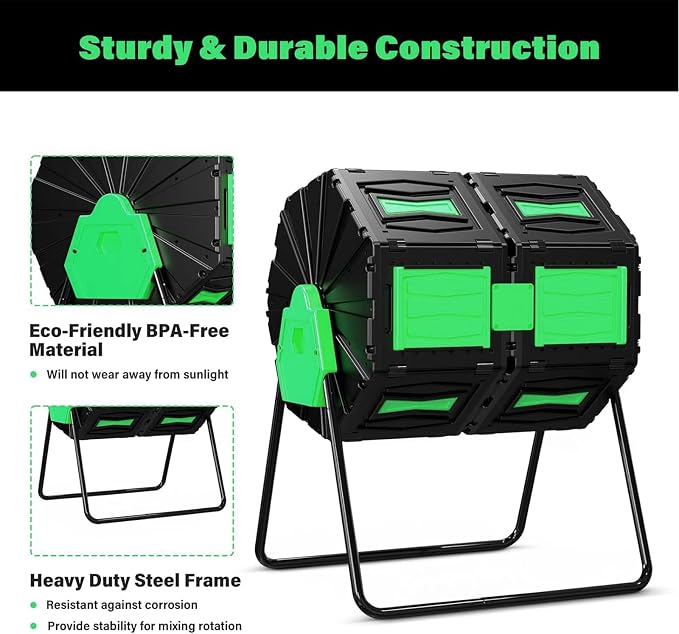 Compost Tumbler, Easy Assemble & Efficient Outdoor Compost Bin, 45 Gallon/170 Liter Large Dual Chamber Rotating Composter for Garden, Kitchen, and Yard Waste, Green Door - Image 7