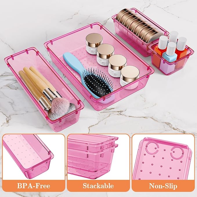 SpaceHacks 25 PCS Plastic Drawer Organizer Set, 4-Size Versatile Organizer Trays & Storage Bins for Makeup, Jewelry, and Gadgets in Bathroom, Bedroom and Office, Clear Pink - Image 3