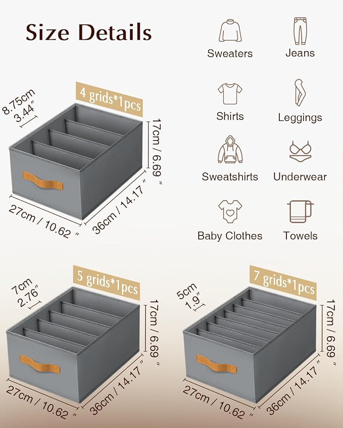 Homsorout Clothes Organizers and Storage - 4/5/7 Grids Fabric Jeans Organizer with Handles, Foldable Closet Organizers Dividers, Wardrobe organizer for Pant, Sweater, T-shirt, Scarf, 3 Pack, Pale Grey - Image 7