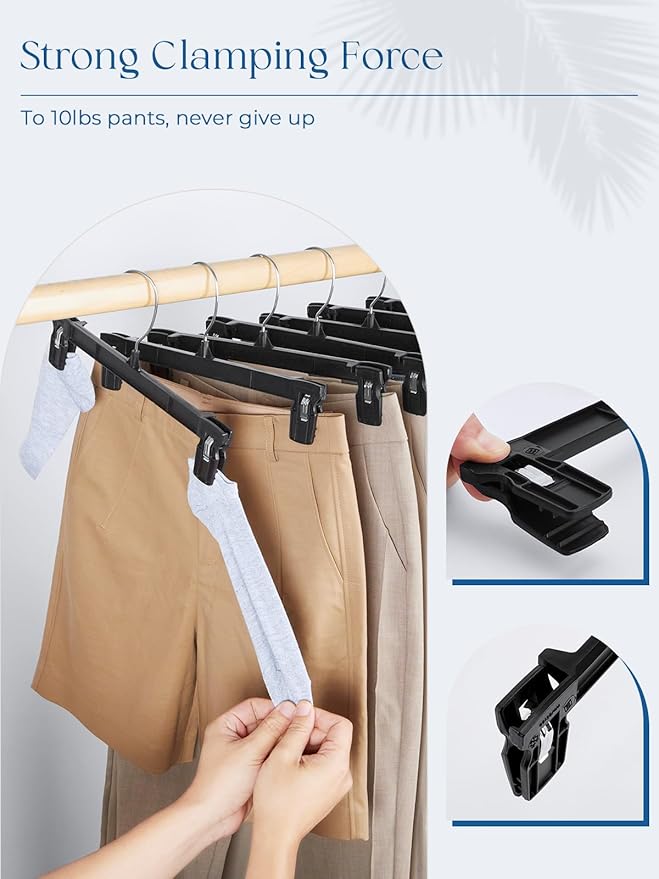 Smartor Space Saving Heavy Duty Hangers - 180 Pack, Slim Plastic Pants and Shorts Hangers, Ridged Non-Slip with Pinch Clips, 360-Rotating Chrome Swivel Hook, Black, 12 Inches - Image 3