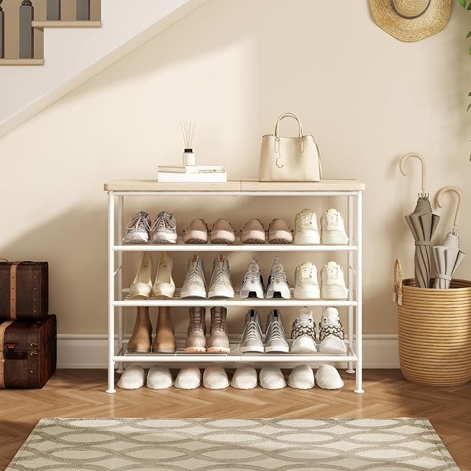 SUOERNUO Shoe Rack Organizer 4 Tier for Closet Entryway Free Standing Metal Storage Shoe Shelf with MDF Top Board，White+Oak - Image 3