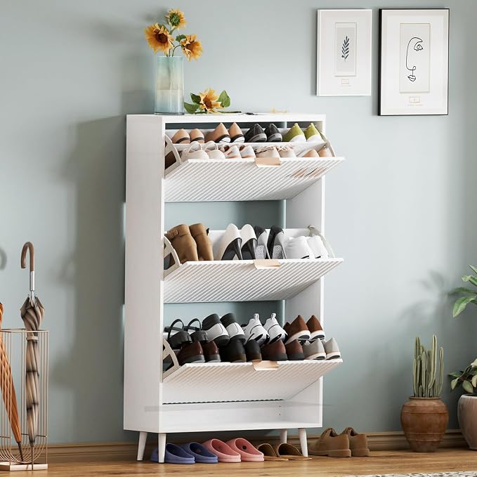 Shoe Cabinet Storage,Modern Freestanding Organizer with 3 Flip Drawers,Narrow Shoe Rack Cabinet for Entryway,White - Image 6