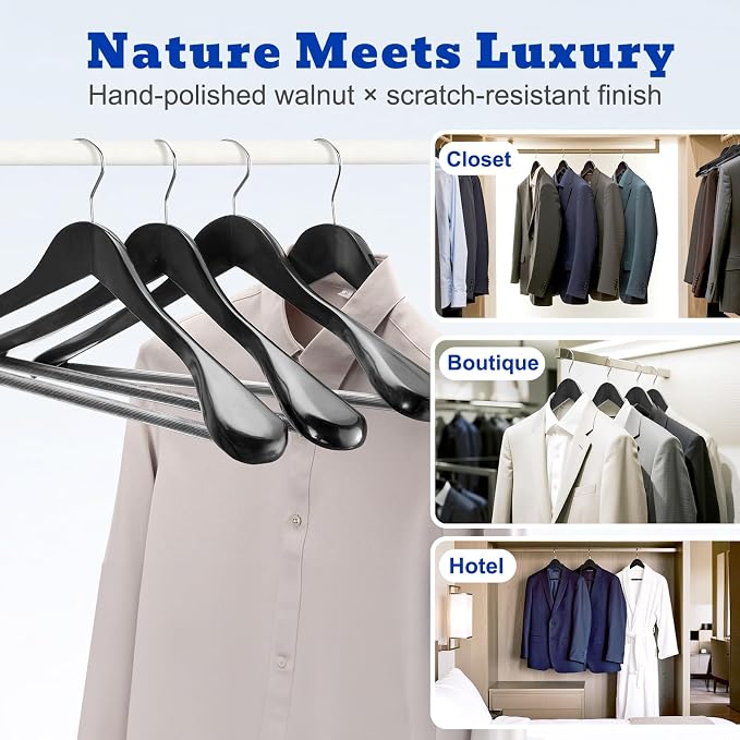 HOUSE DAY Wood Suit Hangers for Men 24 Pack, Smooth Wide Shoulder Wooden Hangers with Non Slip Pant Holder, Wide Hangers for Suits, Coats, Jackets, Heavy Wide Clothes Hanger, Black - Image 7