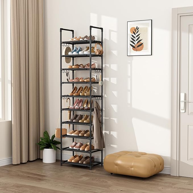 VTRIN 10 Tiers Tall Shoe Rack Holds 20-25 Pairs of Shoes Sturdy Vertical Shoe Organizer with 18pcs Hooks Stackable Narrow Shoe Rack for Closet, Entryway Black - Image 7