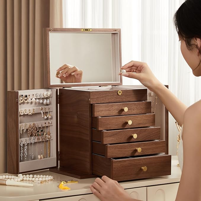 Black Walnut Wooden Jewelry Box, Wood Jewelry Organizer with 2 Side Doors Mirror Lockable Classical Style for Watch Necklace Ring Earring Storage Mothers Day Gifts for Mom-6 Layer - Image 2