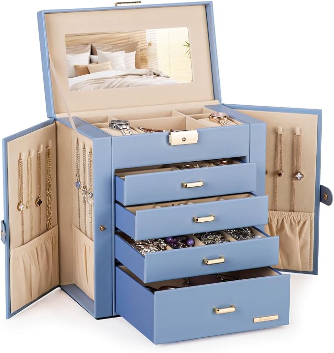 Homde Synthetic Leather Huge Jewelry Box Mirrored Watch Organizer Necklace Ring Earring Storage Lockable Gift Case (Grey Blue + Gold) by Homde