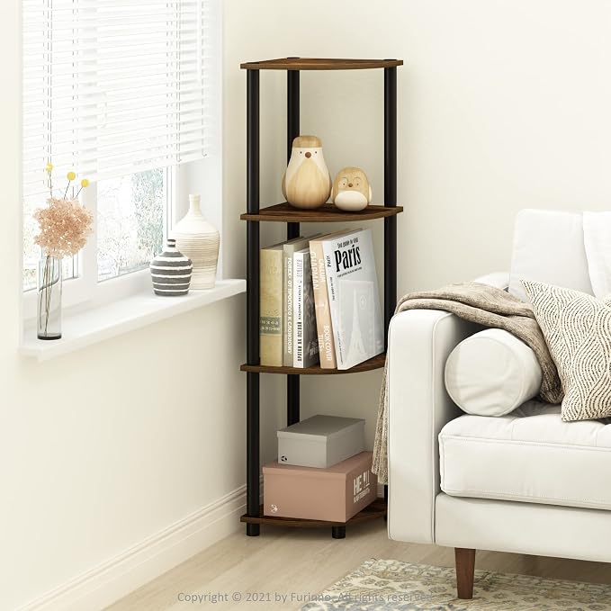 Furinno TURN-N-TUBE Corner Shelf, 4-Tier Corner Bookshelf, Display Storage Shelves with Open Shelves, for Organization and Storage, Living Room, Home Office, Garage, Amber Pine - Image 2