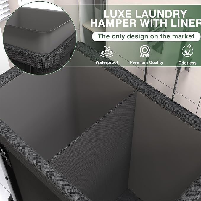 50 Gal(190L) High Grade Large Laundry Basket with Wheels, Rolling Laundry Hamper, Laundry Cart with Metal Frame and Removable Bag Design, Suitable for Laundry Room, Bedroom (Black, 2 Section 190L) - Image 3