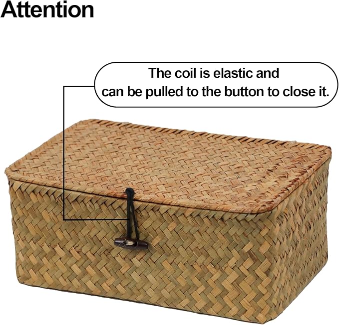 Set of 2 Wicker Basket with Lid, Seagrass Woven Basket for Storage, Decorative Storage Baskets Bins for Organizing Home - Image 6