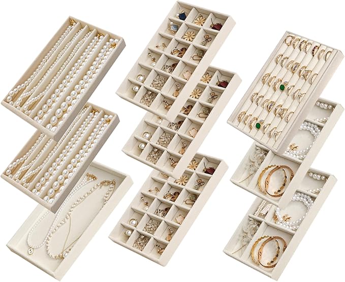 SPAKOWN Jewelry Drawer Organizer Inserts Set of 9, Jewelry Trays for Drawers Velvet Jewelry Organizer Tray Drawer Jewelry Organizers and Storage for Earring Ring Necklace Watch Bracelet (Beige) by SPAKOWN