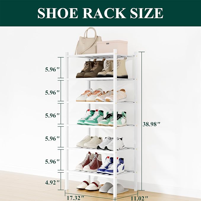 Smiry Shoe Rack, 6 Tier Small Bamboo Shoe Organizer, Stackable Free Standing Wooden Shoe Storage Shelf for Closet, Entryway, Front Door Entrance, White - Image 2