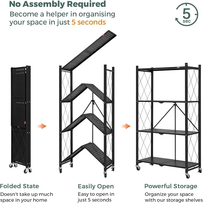 DEANIC 4 Tier Foldable Storage Shelves with Wheels, No Assembly Organizer Rack for Garage Kitchen, Basement, Pantry,Perfect for Craft Shows & Vendor Events(Black) - Image 7
