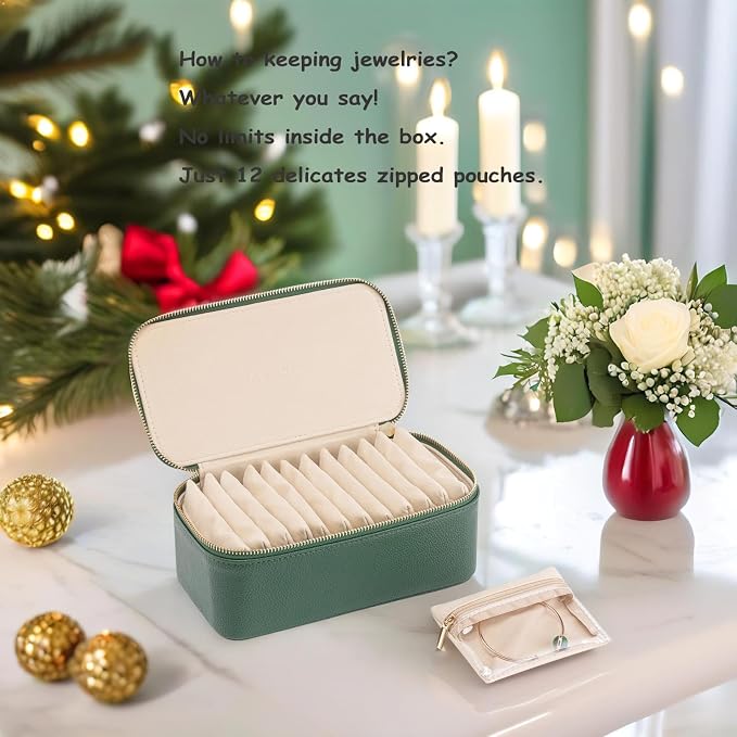 VLANDO Travel Jewelry Box Organizer – Portable PU Leather Jewelry Case with 6/8/12 Zippered Pouches, Compact Storage for Earrings Rings Necklaces Bracelets, Dark Green - Image 3