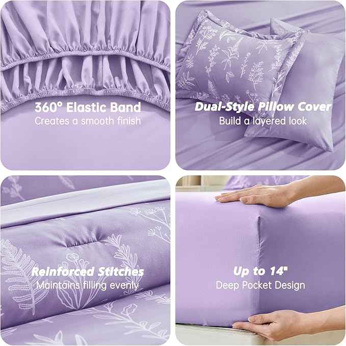 MUXHOMO Lavender Purple Bed in a Bag King 7 Pieces, King Comforter Set Reversible Botanical Flowers Design, Ultra Soft & Breathable Bedding Sets with Comforter, Sheets, Pillowcases & Shams