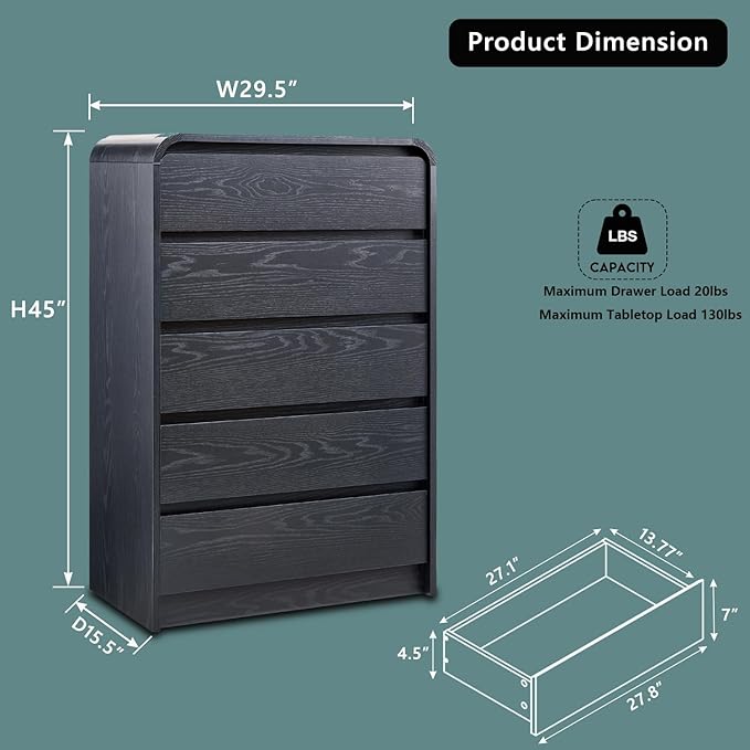 Aitjunz Modern 5 Drawers Dresser for Bedroom, 45" Tall Dressers & Chests of Drawers w/Curved Profile Design, Wood Mid Century Vertical Dresser w/Natural Texture for Bedroom, Living Room, Black