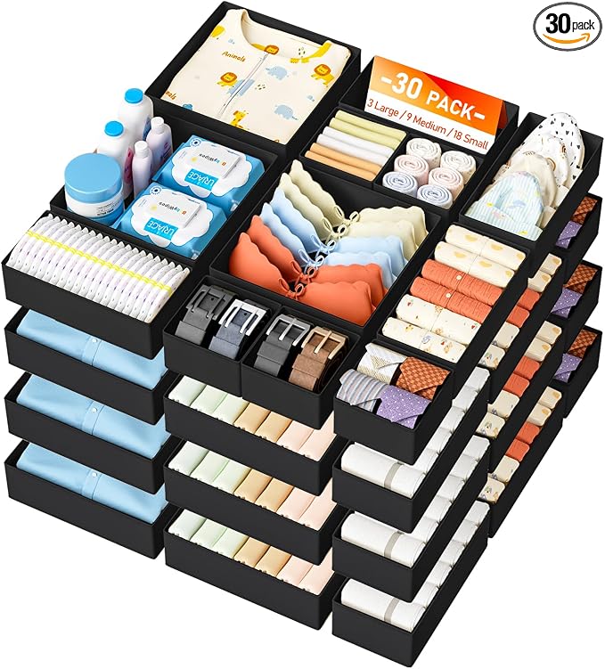 DIMJ Drawer Organizer Clothes 30 Pack - Foldable Baby Organizers and Storage & Closet Organizers for Bedroom, Closet - Nursery Organization Dresser Dividers for underwear, Sock,Bra, Belt, Tie, Black by DiMJ