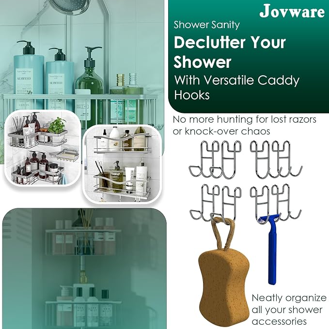 Shower Caddy with Hooks - Heavy Duty Rustproof Helmet Fence Hooks for Wire Shelves - 8 Pack Silver - Image 2