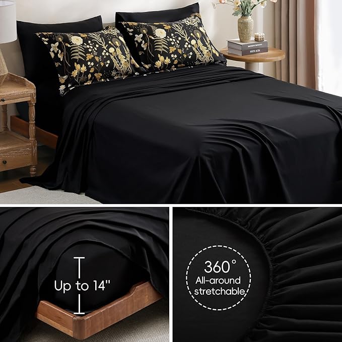 Yiran King Size Comforter Set, 7 Pieces Black Floral Soft Bedding Sets, King Bed in a Bag Brown Botanical Flowers Winter Comforter, Sheets, Pillowcases & Shams