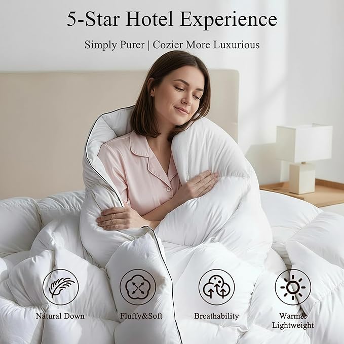 Feather Down Fiber Comforter King Size,Premium Ultra-Soft Breathable Comforter High Fill Power White Duvet Insert,All Season Hotel Luxury Bedding Comforters 8 Corner & Center Loops,Baffle Box Design