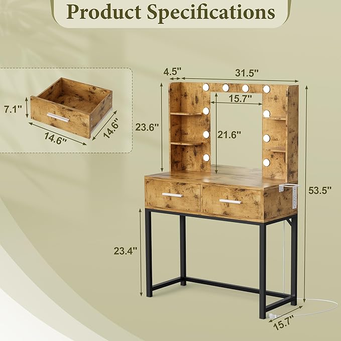 YESHOMY Vanity Desk with Mirror, Makeup Table with 2 Large Drawers, Power Outlet and Round Holder, 3 Color Modes Adjustable Bulb, Rustic Brown & Black