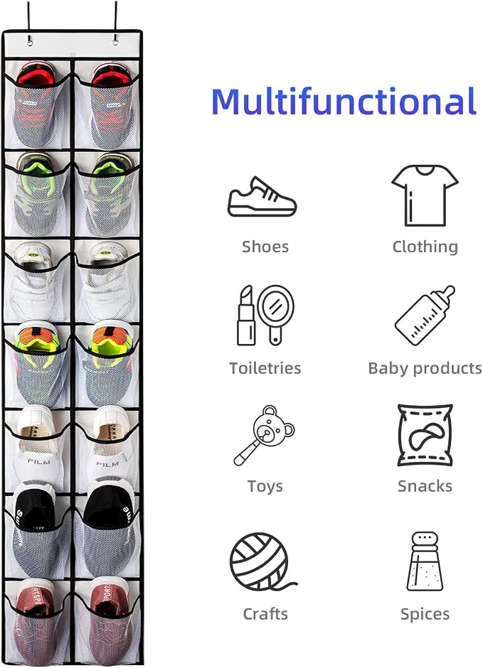 KEEPJOY Over the Door Shoe Organizer, Hanging Shoe Organizer with 4 Hooks, Shoe Holder with 14 Mesh Pockets Closet Door Shoe Storage Bag (White-2Pack) - Image 5