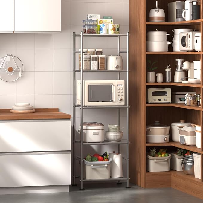 Sakugi Storage Shelves - Set of 2, 5-Tier Metal Shelf Organizer, Space-Saving Garage Shelving with Leveling Feet, Standing Shelves Organizer for Kitchen, Laundry, Pantry (18.4"x12.6"x57.4", Silver) - Image 5