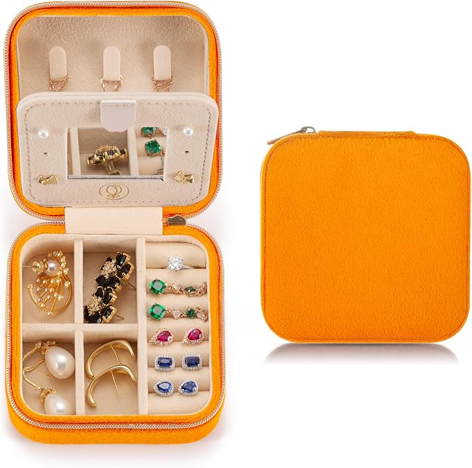 TRODANCE Plush Velvet Travel Jewelry Case Organizer, Small Travel Jewelry Box,Portable Jewelry Box Travel Mini Organizer Portable Display Storage Box For Rings Earrings Necklaces (Orange) by TRODANCE