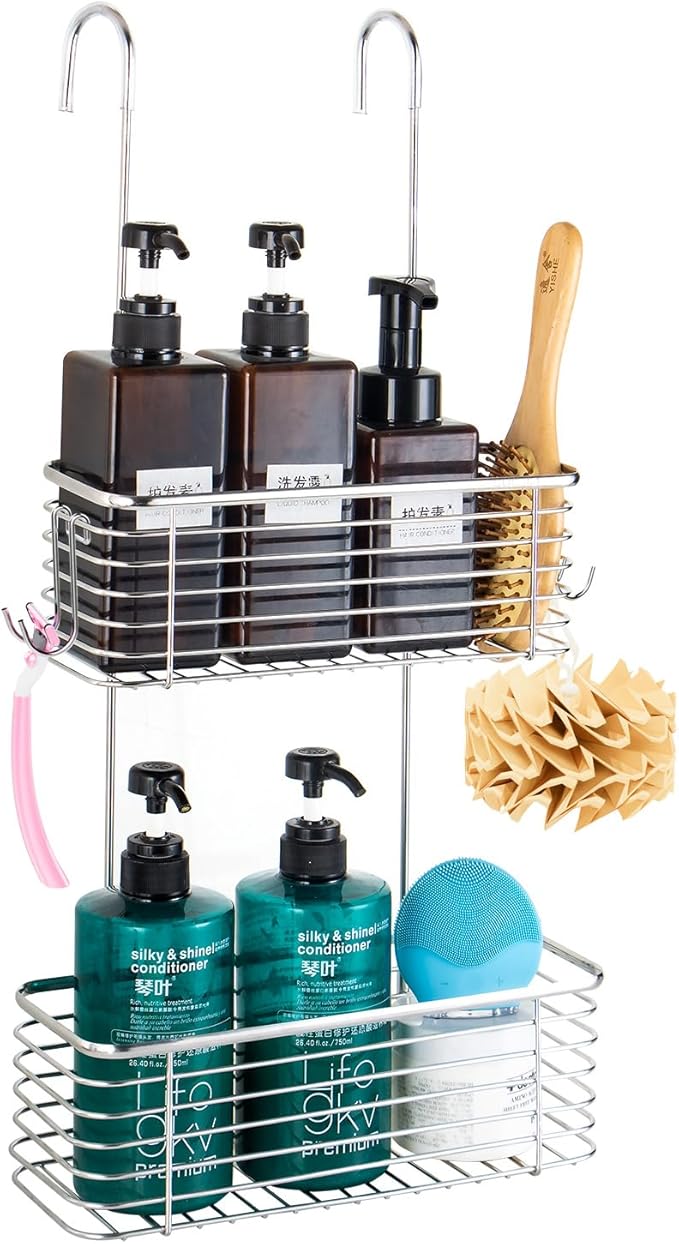 YQh Stainless steel double-layer shower rack, shower room hanging bathroom organizer, storage rack installed on the hanging bar or door, can store shampoo, hair conditioner, shower gel (double) by YQh