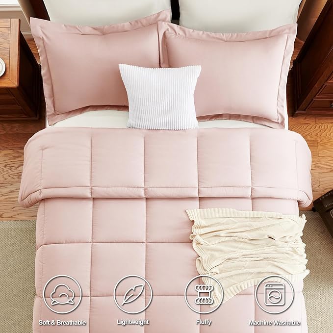 CozyLux Queen Size Comforter Set - Blush Pink Comforter Queen Size, 3 Pieces Box Stitched Bed Set for All Seasons, Soft Lightweight Bedding Sets with 1 Down Alternative Comforter and 2 Pillow Shams