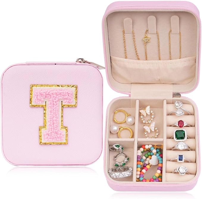 ETHOON Jewelry Travel Case Small Organizer Stocking Box Personalized Gifts Teenage Jewelry Accessories Holiday Wedding Christmas Gift for Women Pink, Letter T by ETHOON