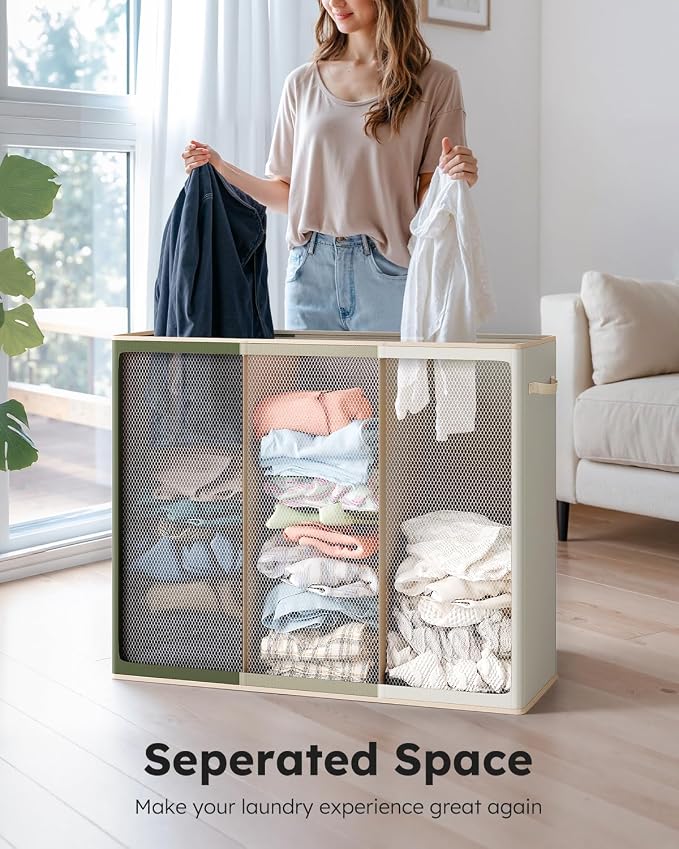 SOLEDI 180L 3-Section Laundry Hamper with Lid, Extra Large Dirty Clothes Basket with Sturdy Handles for Laundry Room & Bedroom - Durable Organizer for Sorting Laundry - Image 4